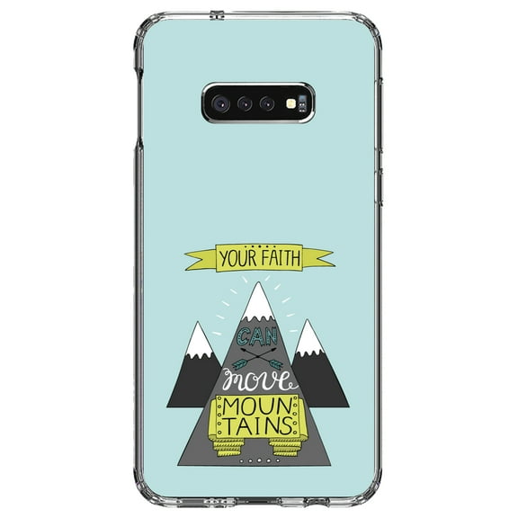 DistinctInk Clear Shockproof Hybrid Case for Samsung Galaxy S10e (5.8" Screen) - TPU Bumper, Acrylic Back, Tempered Glass Screen Protector - Your Faith Can Move Mountains