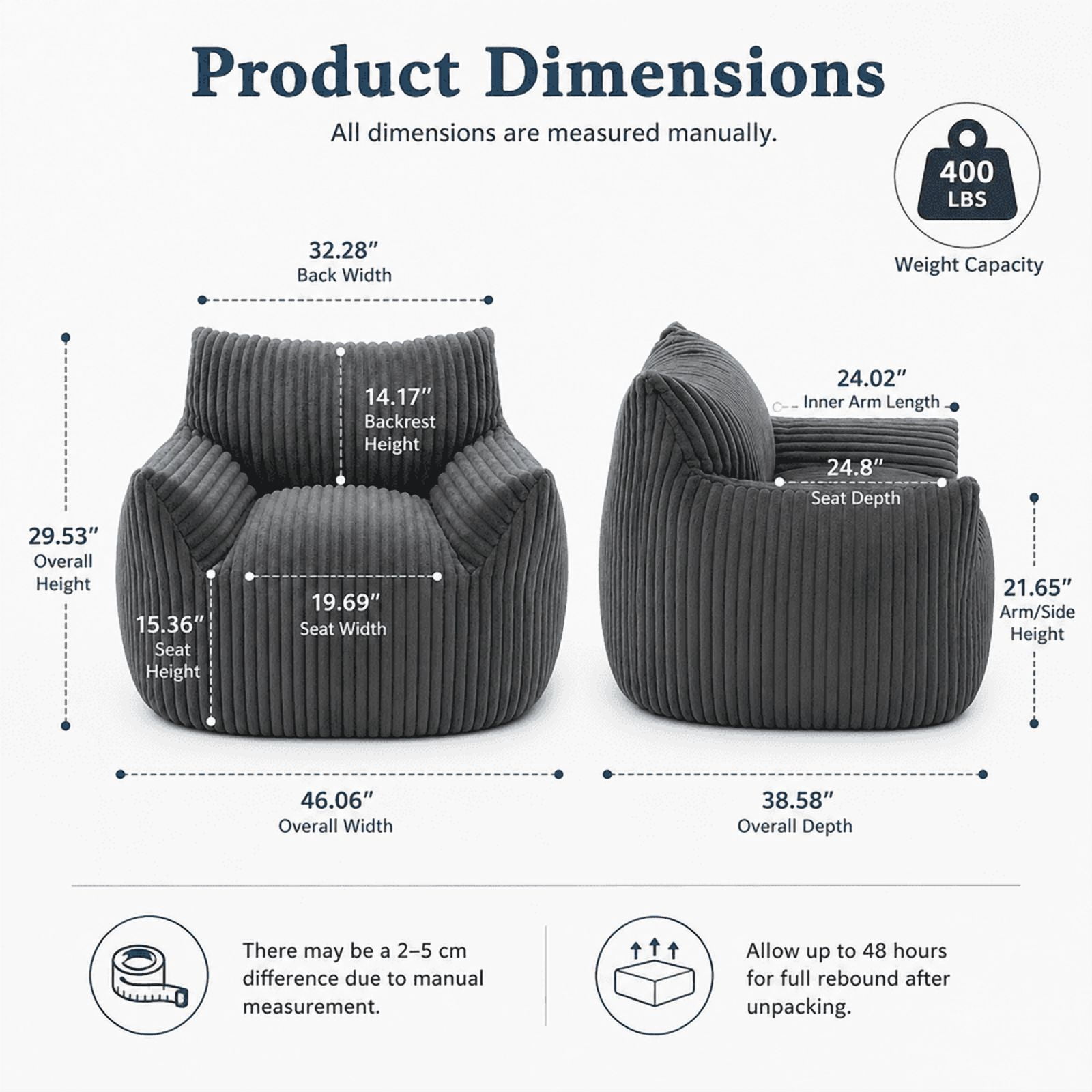 Giant Bean Bag Chair for Adults, 46" Oversized Corduroy Bean Bag Sofa with Armrests, Shredded Foam Floor Lounge Chair, Supports 400 lbs, Black