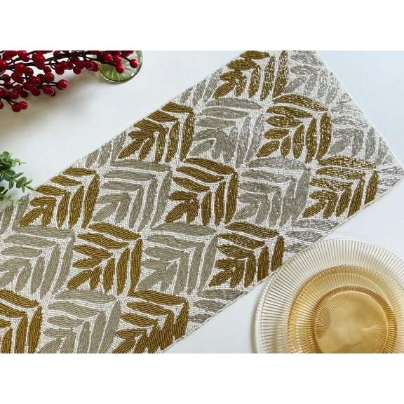 Handmade table runner, gold and silver on white, hand beaded runner, 13x36inch