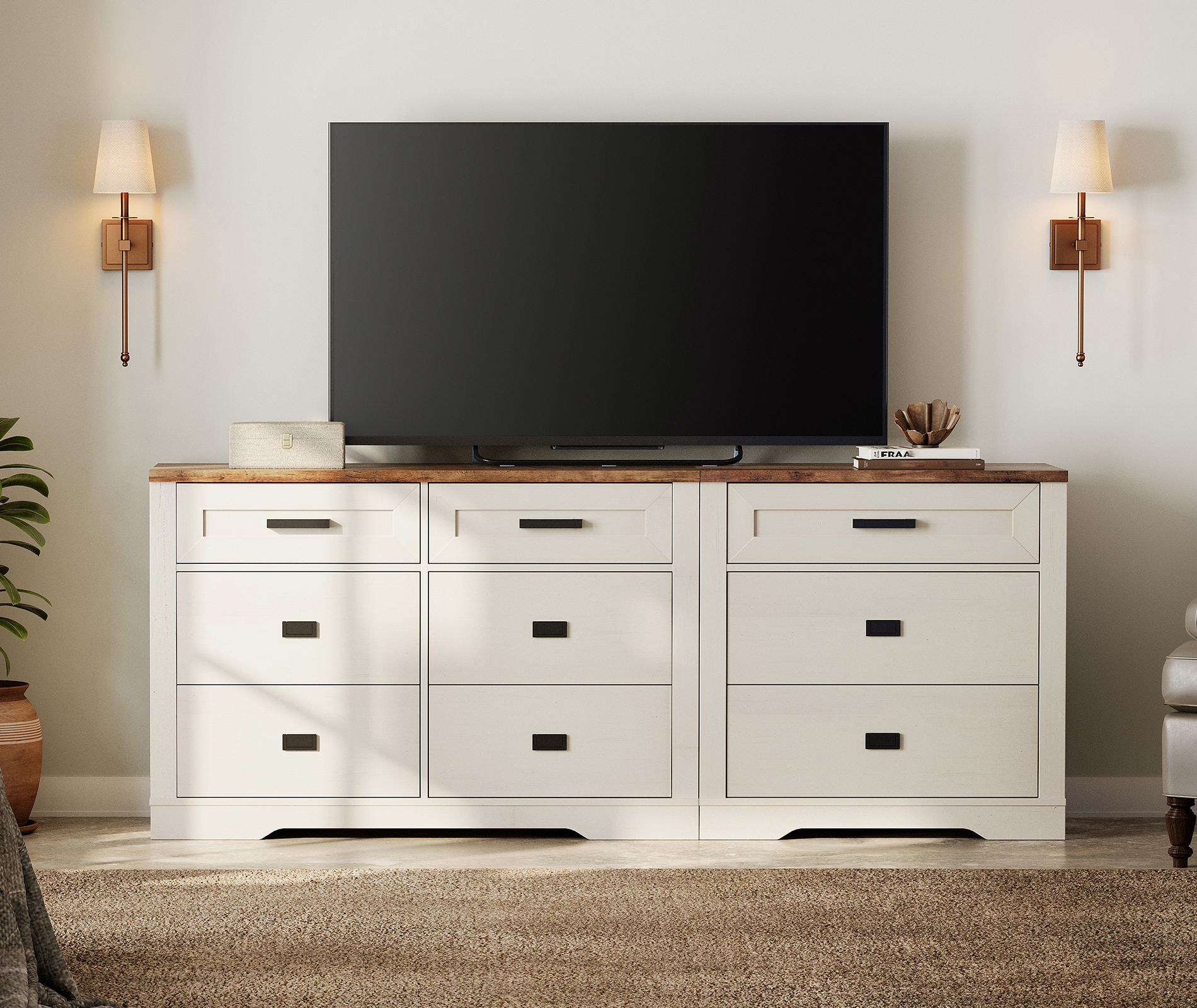 2 in 1 Dresser with 9 Drawers for Bedroom, Wooden Dressers with Small Chest of Drawers, Mid Century Modern Dresser with Metal Handles for Liviing Room, Hallway, White