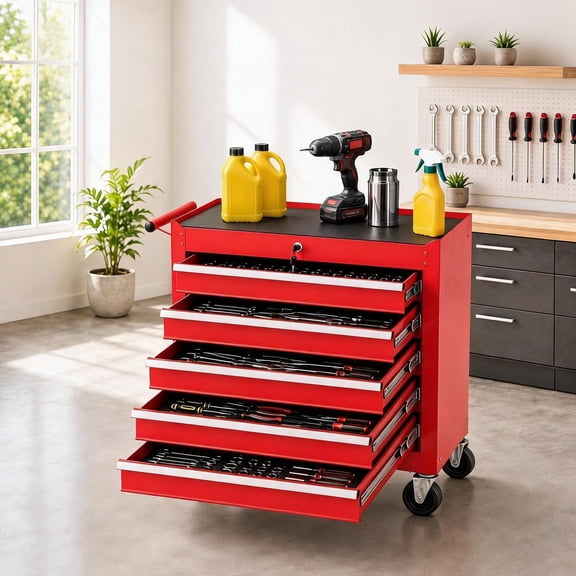 TacleeKii Heavy Duty Rolling Tool Chest with Wheels, 5 Drawer Metal Tool Storage Cabinet with Locking System, Portable Tool Cart Organizer for Garage Workshop, Red