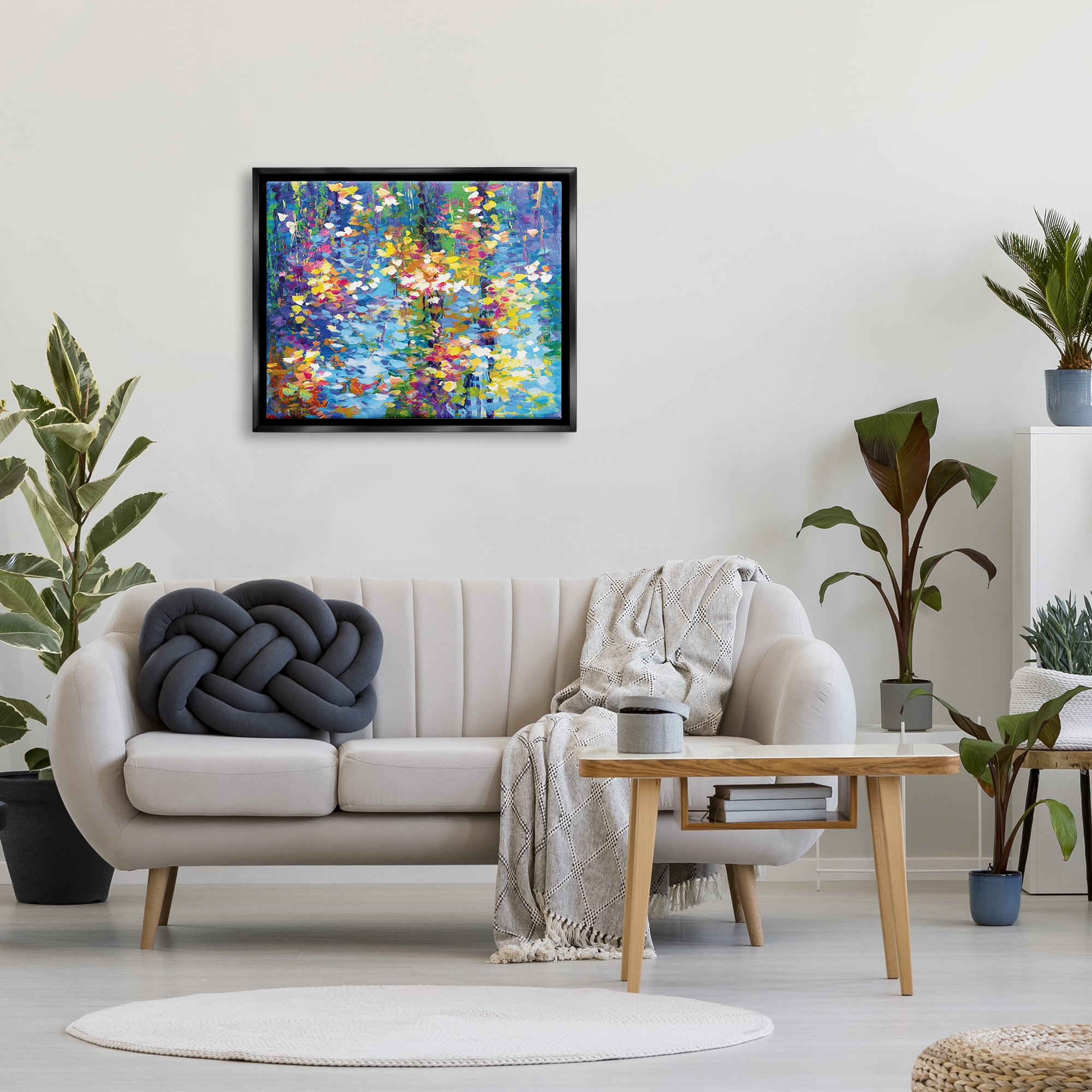 Stupell Industries Colorful Reflections Lake Flowers Landscape Painting Black Floater Framed Canvas Art Print Wall Art, 31 x 25