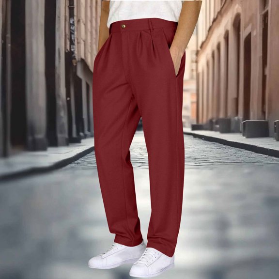 CQONEPT Linen Cotton Pants for Mens Casual Loose Fit Straight Leg Pant Streetwear Button Fron Outdoor Trousers with Pockets Wine 3XL