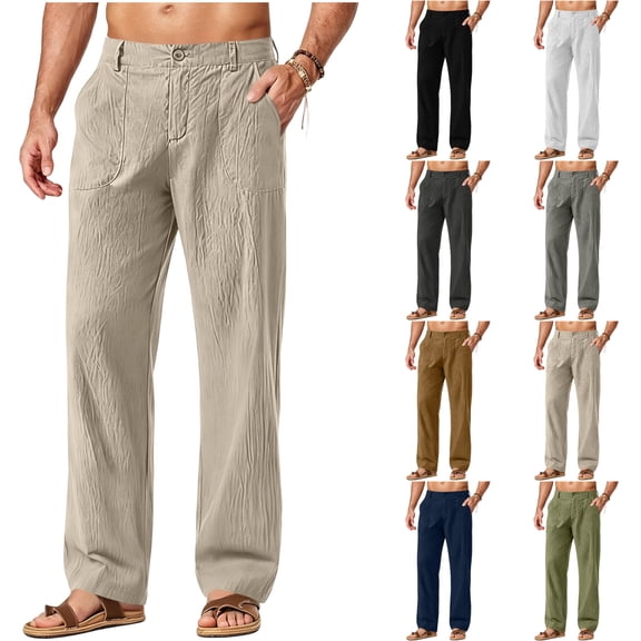 LONKITO Mens Pants with Pockets Relaxed Fit Cotton Bland Trousers Lightweight Casual Summer Beach Pants
