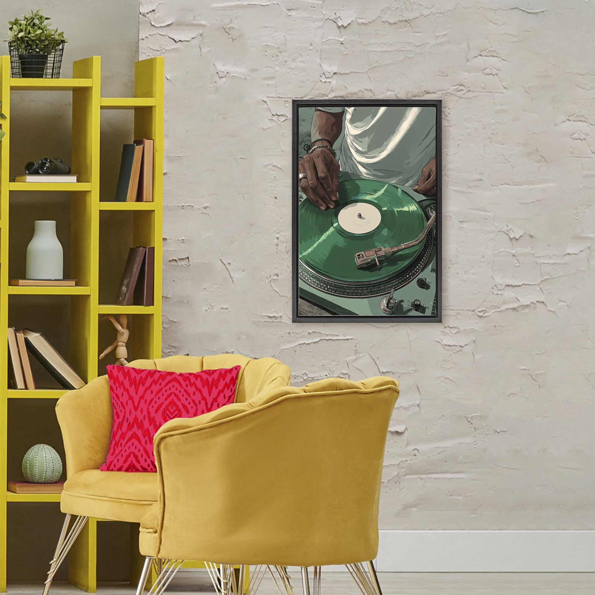 Stupell Industries DJ Spinning Green Record Black Framed Floater Canvas Wall Art, design by Franklyn Gregory