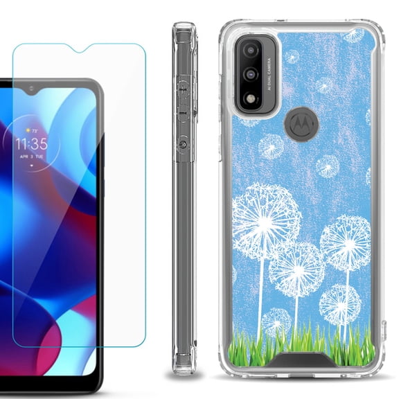 Shockproof Bumper Phone Case for Motorola Moto G Pure, with Tempered Glass Screen Protector, by OneToughShield ® - Dandelion Sky