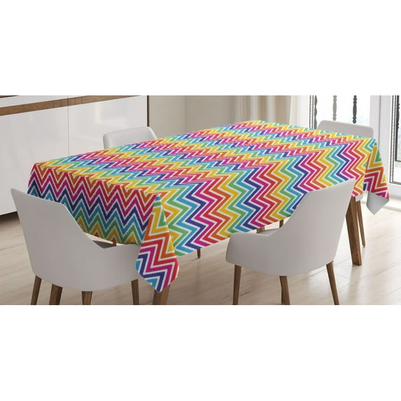 Chevron Tablecloth, Rainbow Toned Zigzags Pattern Creative Hippie Abstract Contemporary Art Print, Rectangle Satin Table Cover Accent for Dining Room and Kitchen, 60" X 84", Multicolor, by Ambesonne
