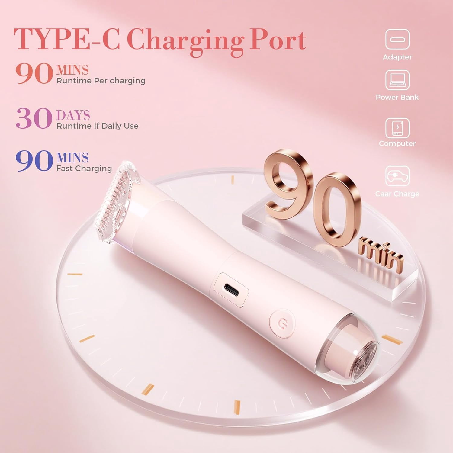 Bikini Trimmer for Women, 2 in 1 Electric Shaver for Women, Pubic Hair Trimmer Waterproof IPX7 with LED, Bikini Razor for Leg Arm Underarm Bikini Area, Christmas Gifts for Her - Rose Pink