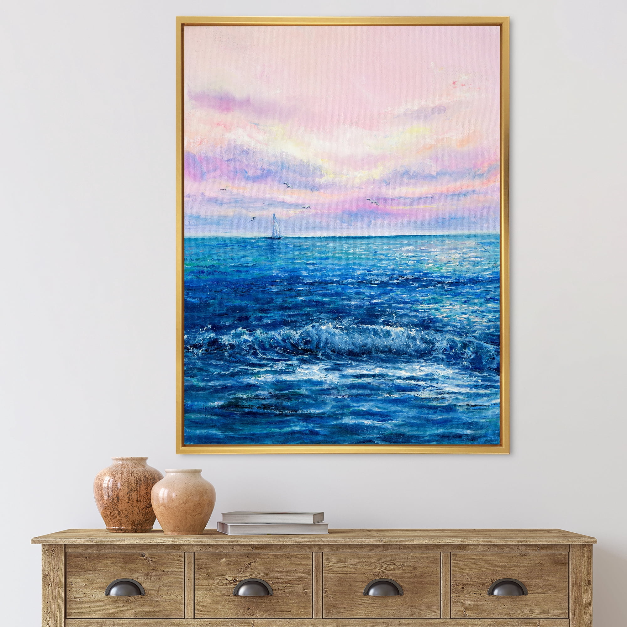 Sunrise Glow On The Ocean Waves II 12 in x 20 in Framed Painting Canvas Art Print, by Designart