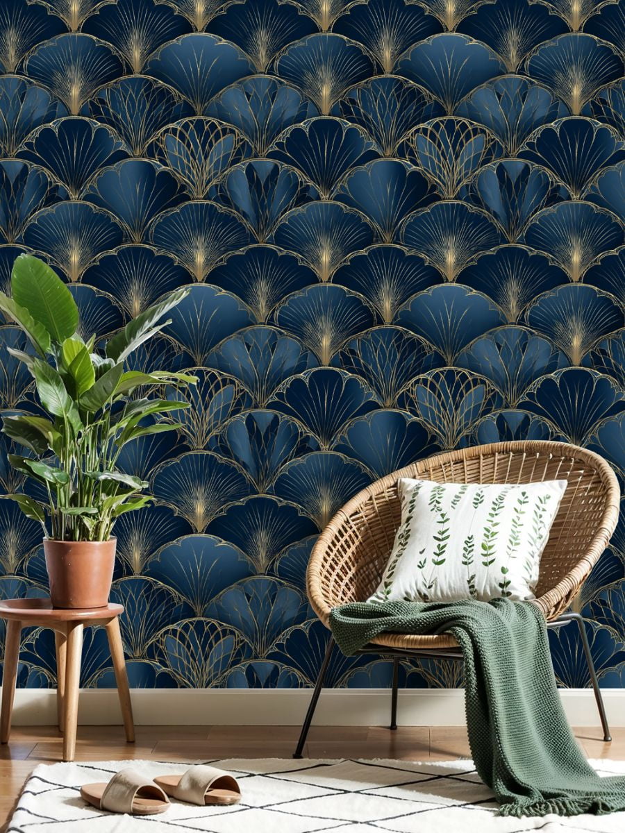 Vintage Peel and Stick Wallpaper Elegant Blue Gold Art Deco Fan Wall Mural 23.6in x 9.8ft Self Adhesive Removable Wall Paper Renter Friendly Wallpaper for Nursery Bedroom Cabinets