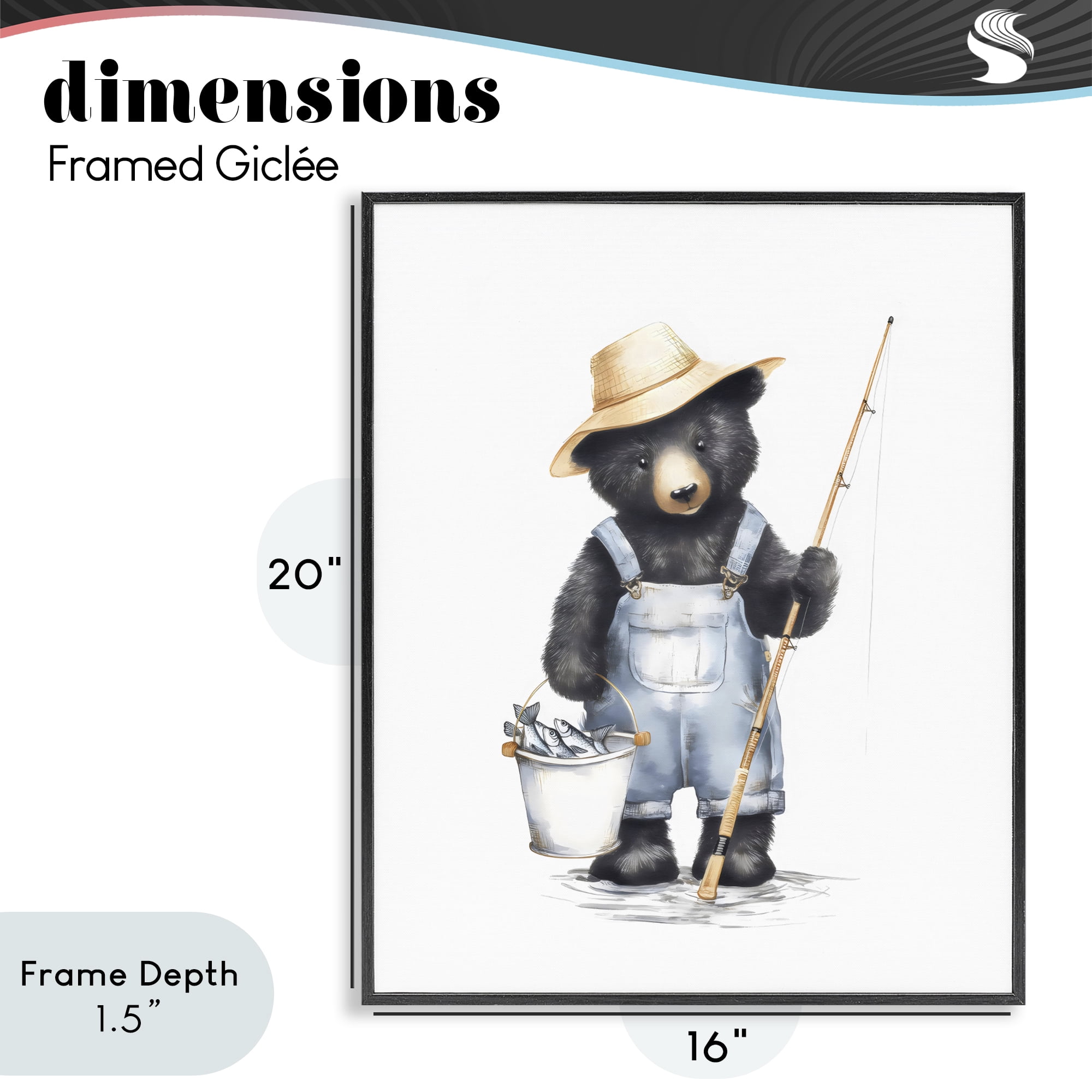Stupell Industries Fishing Bear in Straw Hat Black Framed Giclee Art, design by Arlington Prints