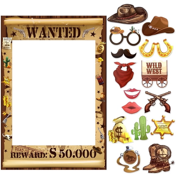 Wild West Cowboy Photo Props Set - Wanted Poster Frame & 15 Western Accessories for Themed Parties
