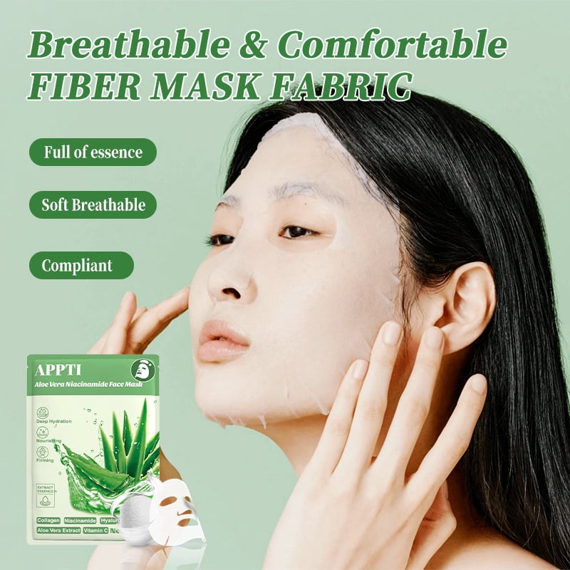 20PCS APPTI Aloe Vera Niacinamide Face Mask – Soothing & Brightening Treatment for Calming Irritation, Minimizing Pores & Balancing Tone for a Clear, Even & Hydrated Complexion.