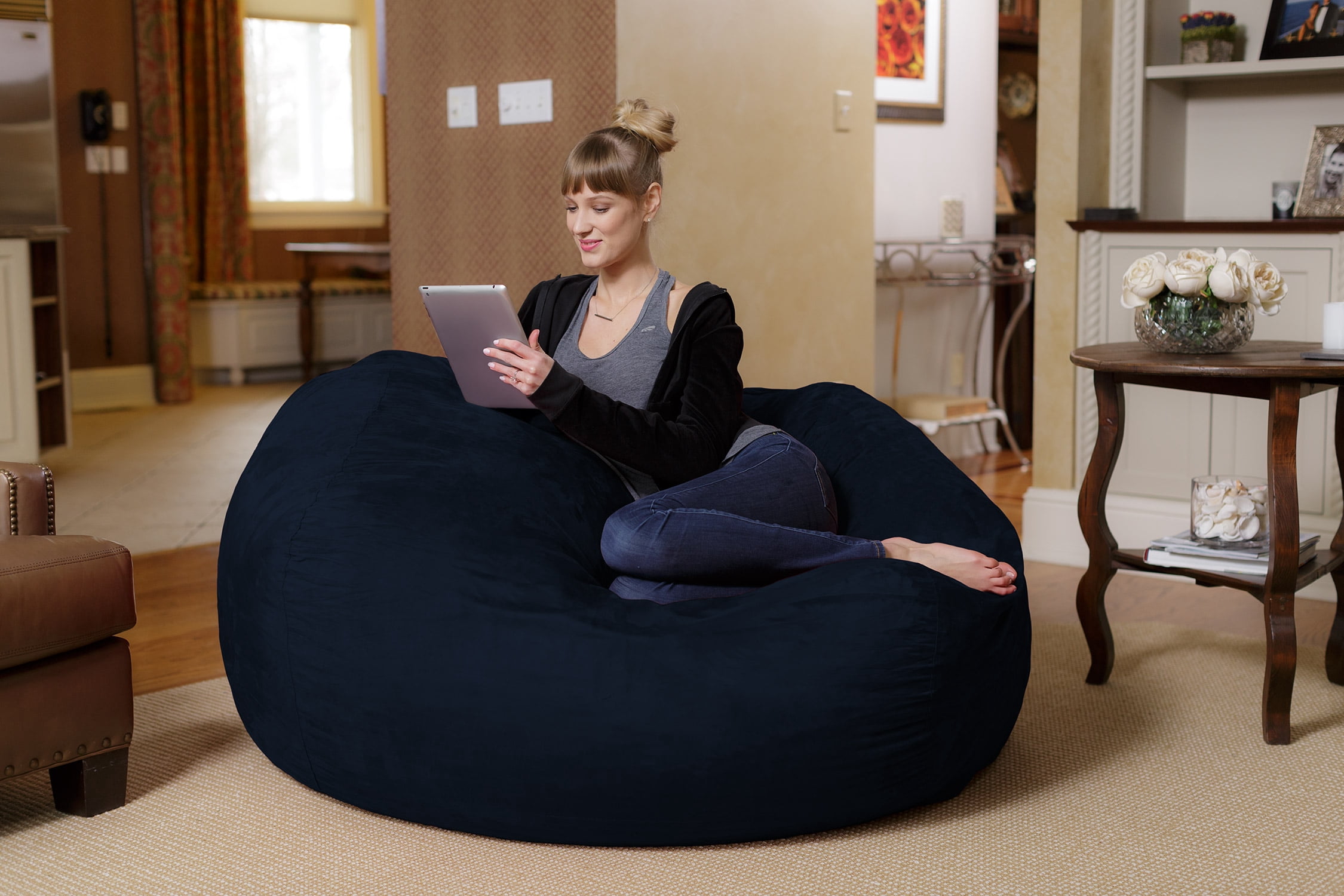 Chill Sack Bean Bag Chair, Memory Foam Lounger with Microsuede Cover, Kids, Adults, 5 ft, Navy