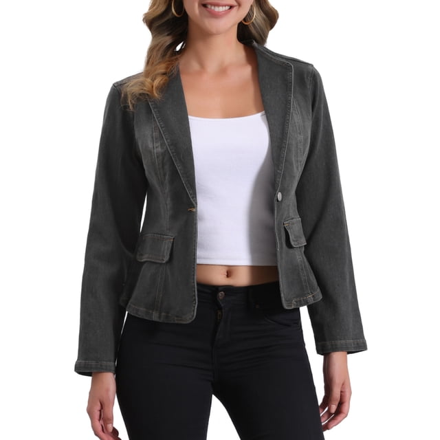 Chaqueta de mezclilla elástica para mujer INSPIRE CHIC con solapa, un botón y mangas largas en gris