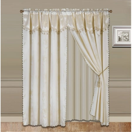Jacquard Rod Pocket Curtains - 8-Piece BEIGE IVORY Nada Luxury Faux Jacquard Floral Design Panel, Rod Pocket Window Curtain Set Attached Valance, Panel, And Sheer- Includes 2 Tie Backs