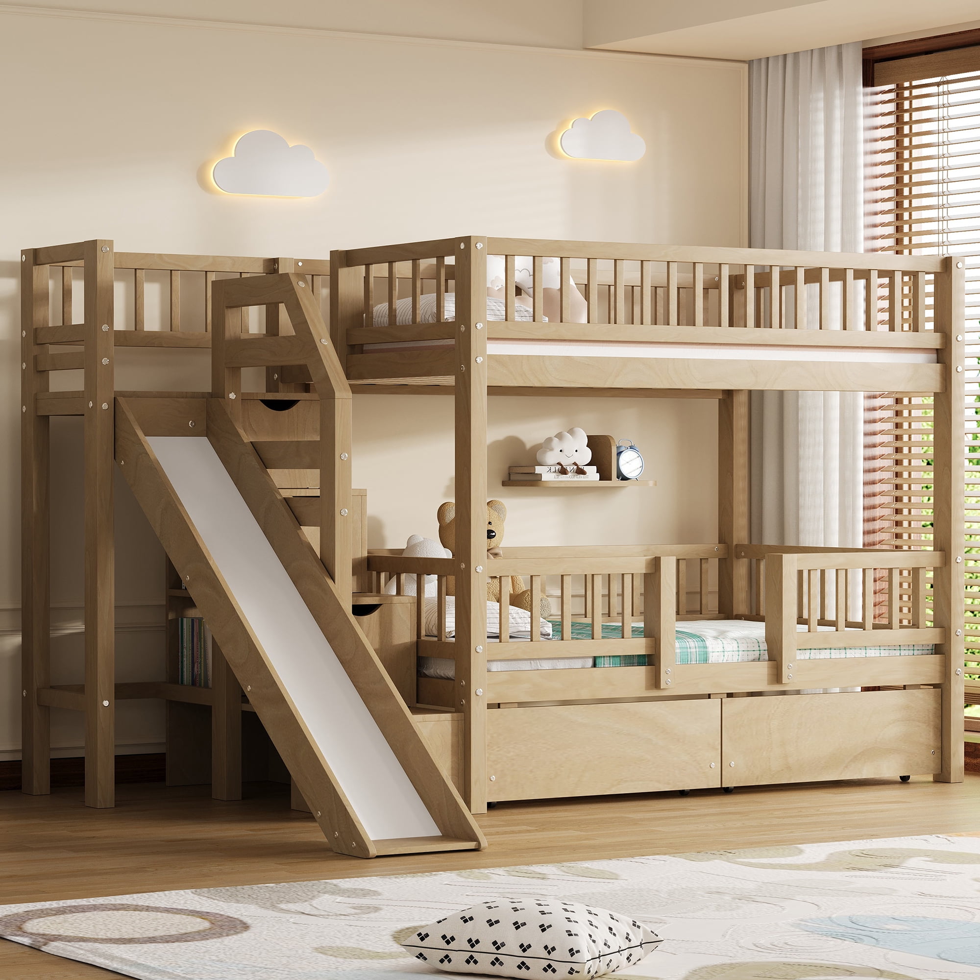 Euroco Twin over Twin Bunk Bed with Storage Staircase and Slide, Walnut