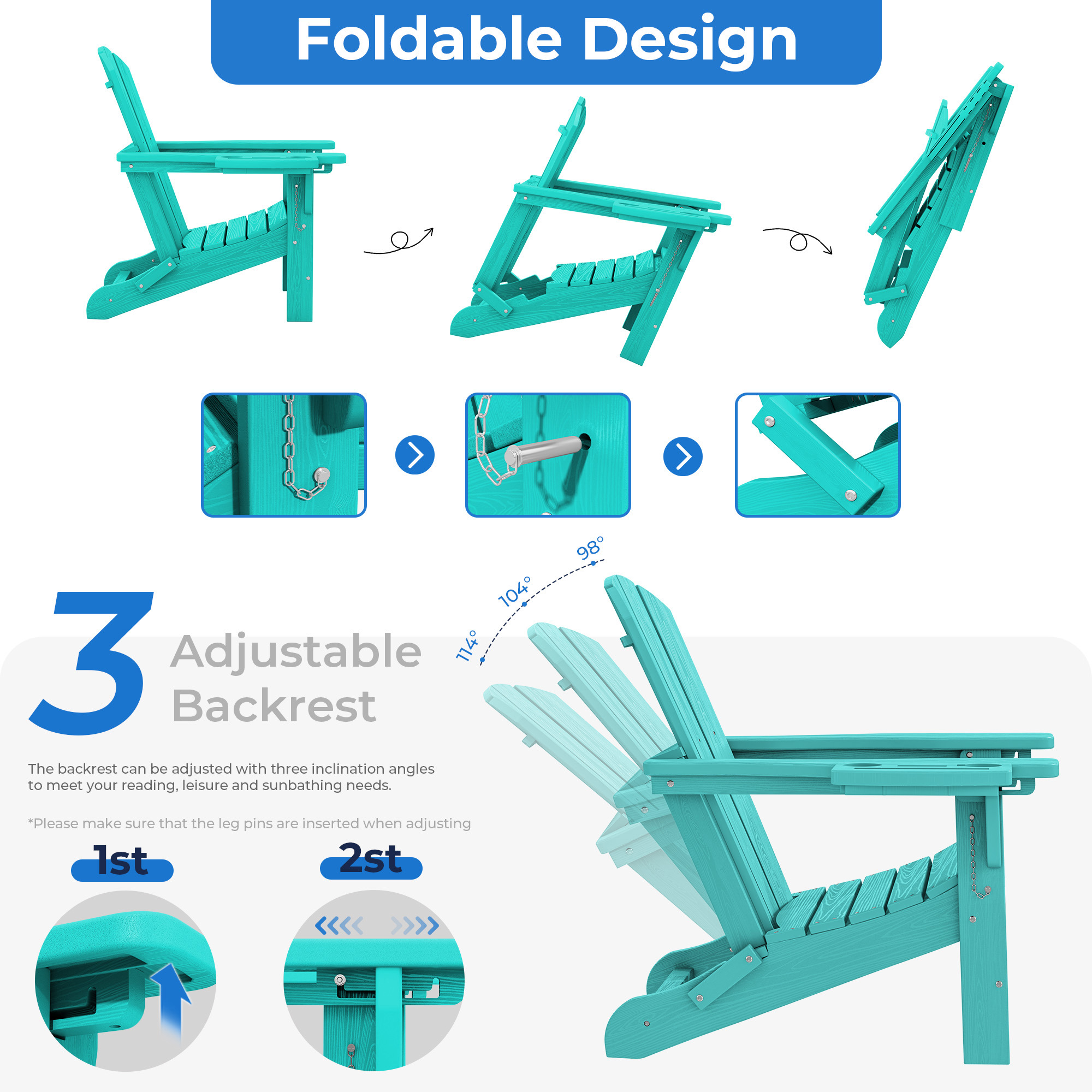 KINGYES Folding Adirondack Chair, Adjustable Backrest with Pull-Out Footrest & 4-in-1 Mobile Phone, Tablet, Cup Holder Tray, HDPE Plastic Adirondack Chair for Patio Garden Outdoors Fire Pit