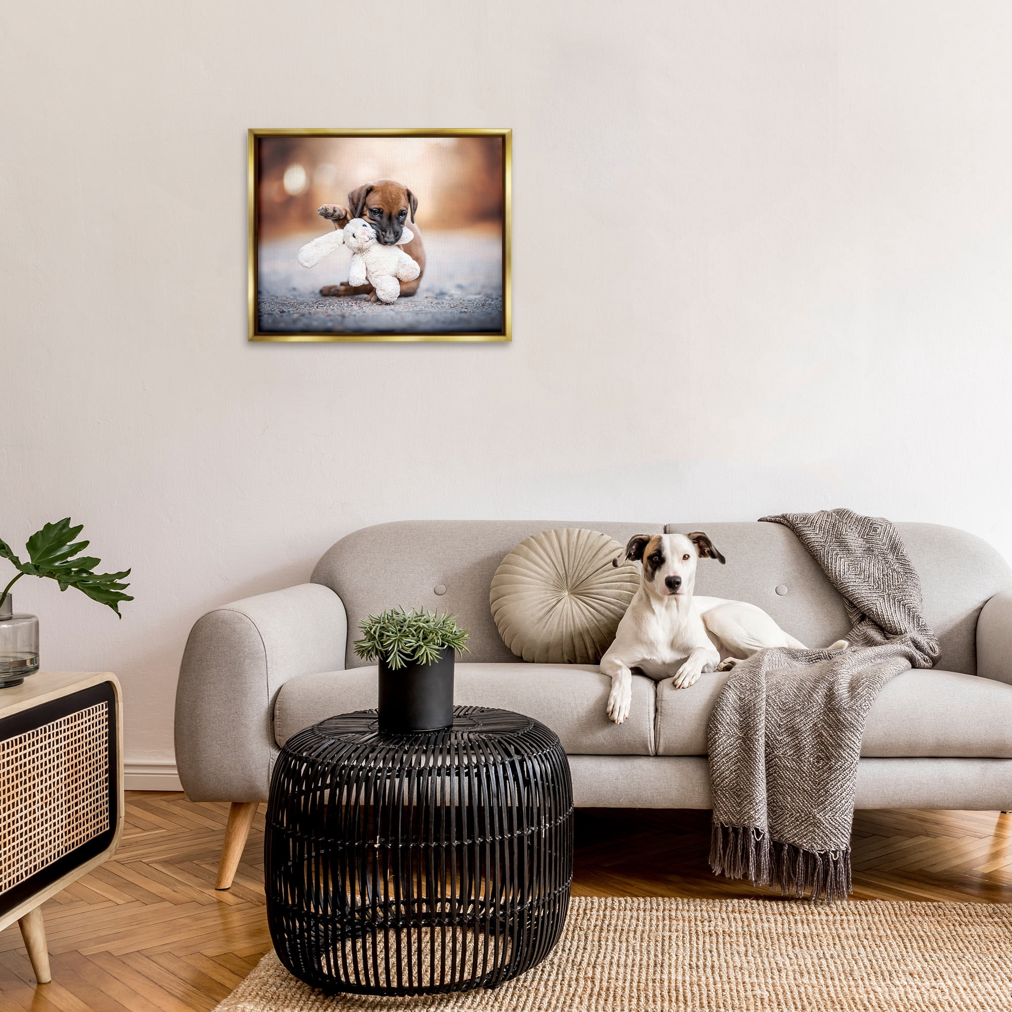 Stupell Industries Puppy with Plushie Toy Animals & Insects Painting Gold Floater Framed Canvas Art Print Wall Art, 31 x 25