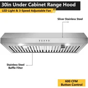 30" Under Cabinet Range Hood 30 inch,Black Range Hood with 430 Spray-Painted Stainless Steel,3-speed Fan & 700 CFM Kitchen Hood,Ducted/Ductless Range Hoods with 3-Venting,Baffle Filters