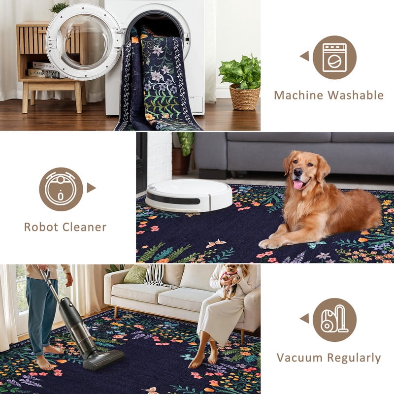 Washable 10x13 Area Rugs, Large Living Room Rug, Non-Slip Soft Floral Rugs for Bedroom, Botanical Area Rug Carpet for Dining Room Guest Room (Blue,10'x13')