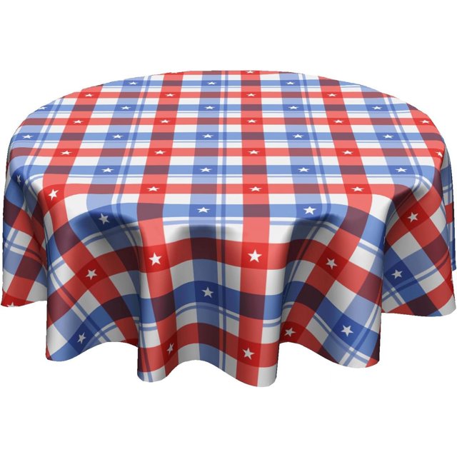 Patriotic Red Buffalo Plaid Star Tablecloth Independence Day Round Tablecloth 60 Inch 4th of July Table Cloth for Farmhouse Kitchen Decor Polyester Fabric American Flag Table Cover for Outdoor Camping