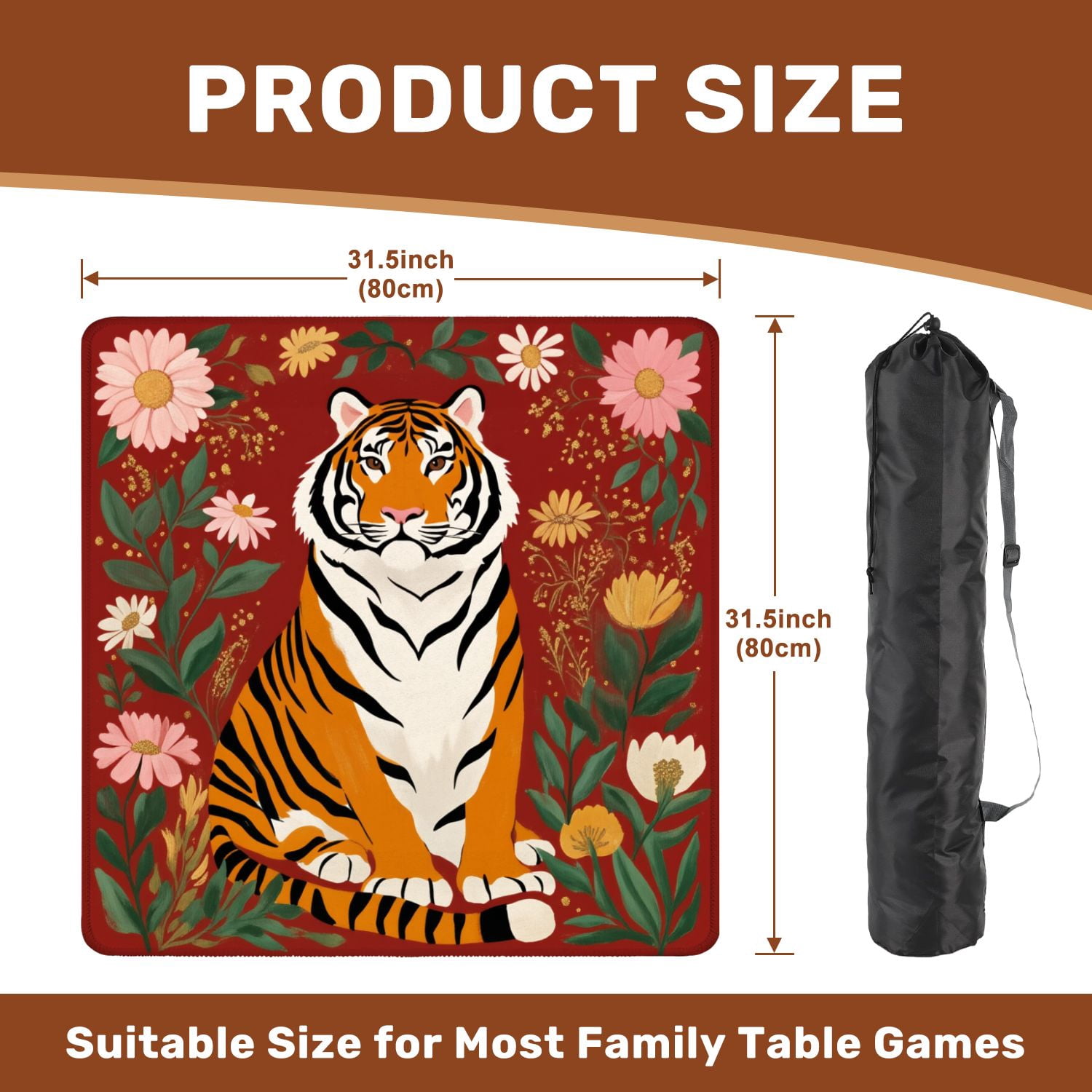 Mahjong Mat 31.5" x 31.5" Majestic Tiger Sitting Among Colorful Flowers Red Illustrated Nature Non-Slip Noise Reduction American Mahjong Tiles Table Cover for Dominoes Poker Card Board Games Gift