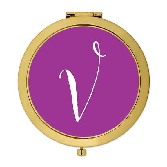 Koyal Wholesale Gold Compact Mirror Bridesmaid's Wedding Gift, Plum Purple, Monogram Letter V, 1-Pack