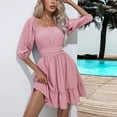 thumbnail image 7 of Wycnly Formal Dresses for Women Beach Casual Empire Waist Ruffle Swing A Line Mini Dresses Elbow-Length Square Neck Solid 2024 Summer Short Dress Pink XL, 7 of 7