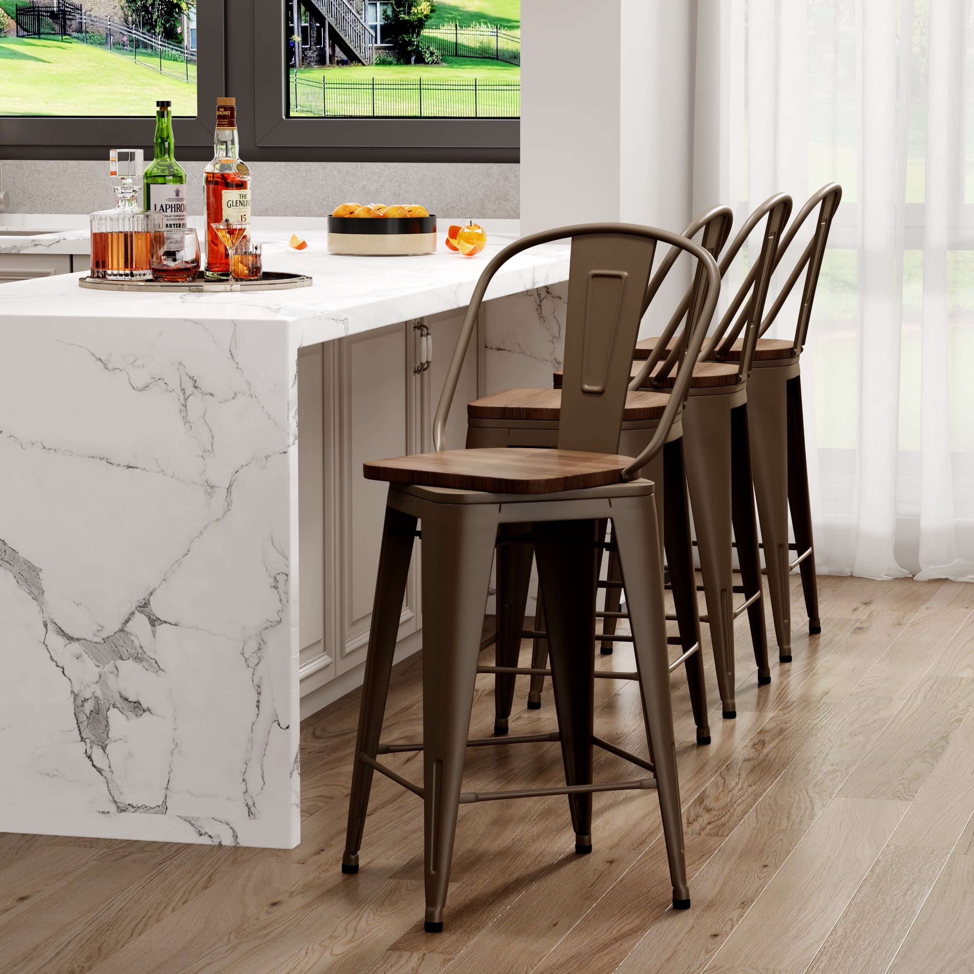 Andeworld Swivel Metal Bar Stools with Backs Counter Stools Set of 4 Counter Height Stools High Back Bar Chairs 26 Inch Bar Stools Farmhouse Rusty