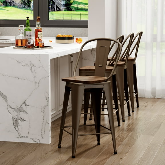 Andeworld Swivel Metal Bar Stools Set of 4 Counter Height Stools Counter Bar Stools with Back Swivel Metal Bar Chairs Wooded Seat 26 Inch Matte Black