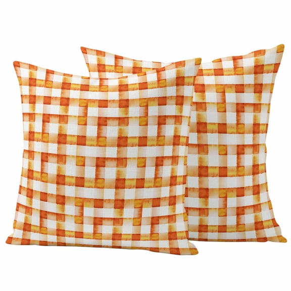 Orange Plaid Fall Outdoor Waterproof Pillow Covers, Thanksgiving Checkered Modern Buffalo Decorative Square Throw Pillowcase Sofa Cushion Sham for Patio/Couch/Chair, 24"x24" 2 Pack