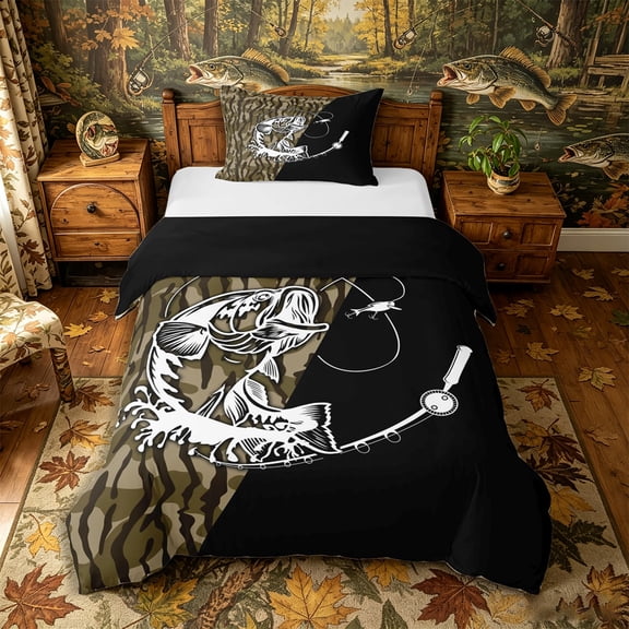 Castle Fairy Split Camo Bass Print Twin Duvet Cover,White Fish Rod Two-Tone Layout Twin Bedding,Moss Black,Black Reversible,2pcs,No Comforter,1 Duvet Cover and 1 Pillowcase