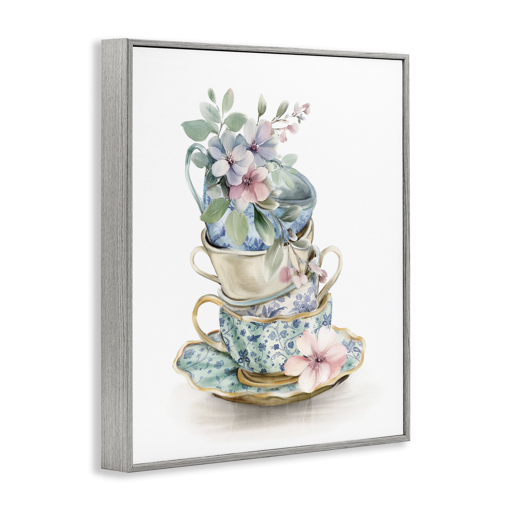 Stupell Industries Floral Teacup Chinoiserie Gray Framed Giclee Art, design by Kim Allen