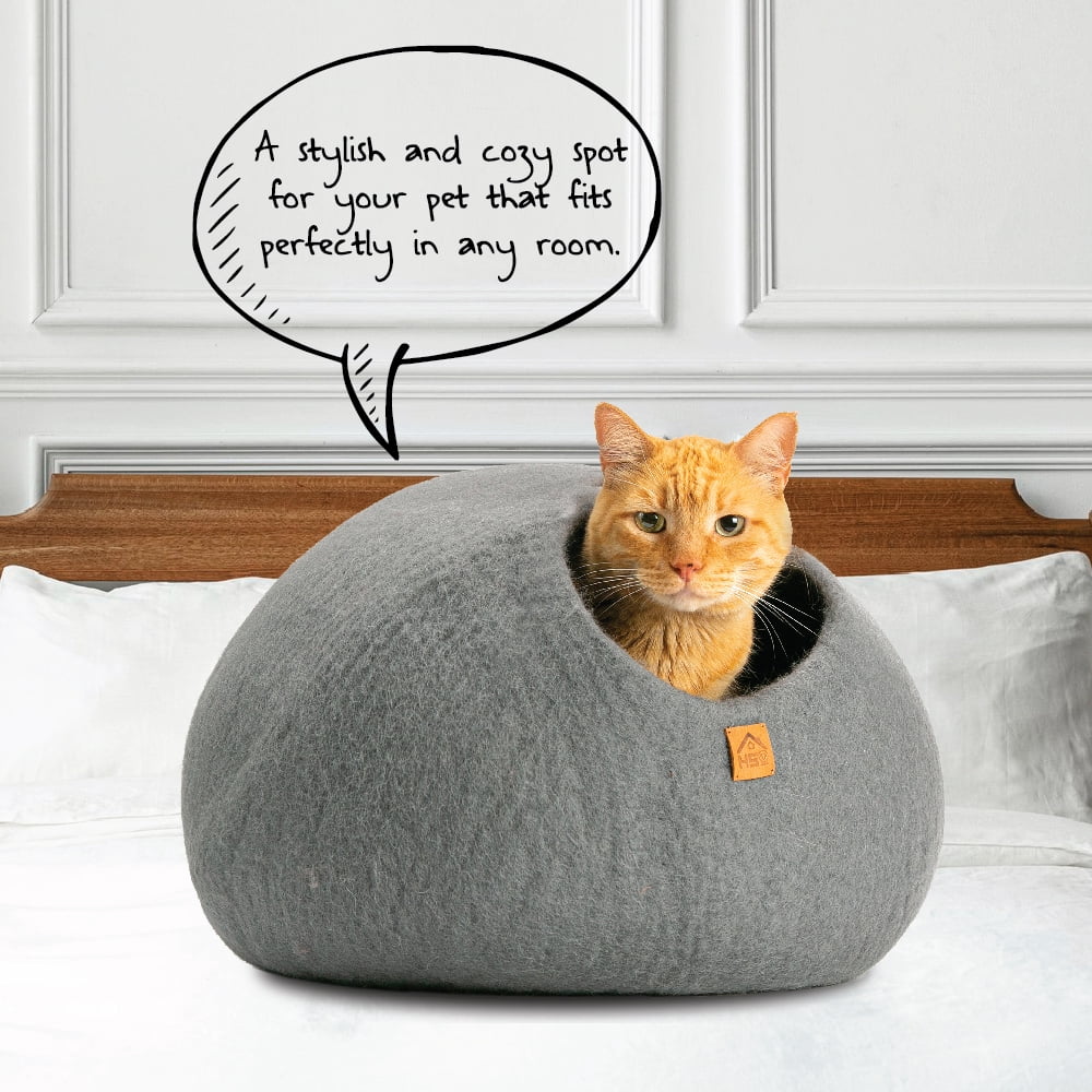 HAUSSIMPLE Wool Cat Cave Bed for Large Cats, Pet Sleeping Bed Natural 100% Merino Wool - Plain Gray