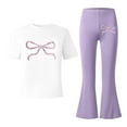 thumbnail image 5 of WAYUTE Girls 2 Piece Outfits Bow Graphic Print Crew Neck Short Sleeve T Shirt and Flared Pants Kids Soft Fashion Street Clothing Set Casual Outdoor,Purple,Size 7-8 Y, 5 of 5