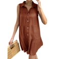 thumbnail image 3 of QAFOPEH Women Solid Color Sleeveless Lapel Collar Buttons Tiered Shirt Dress, 3 of 5