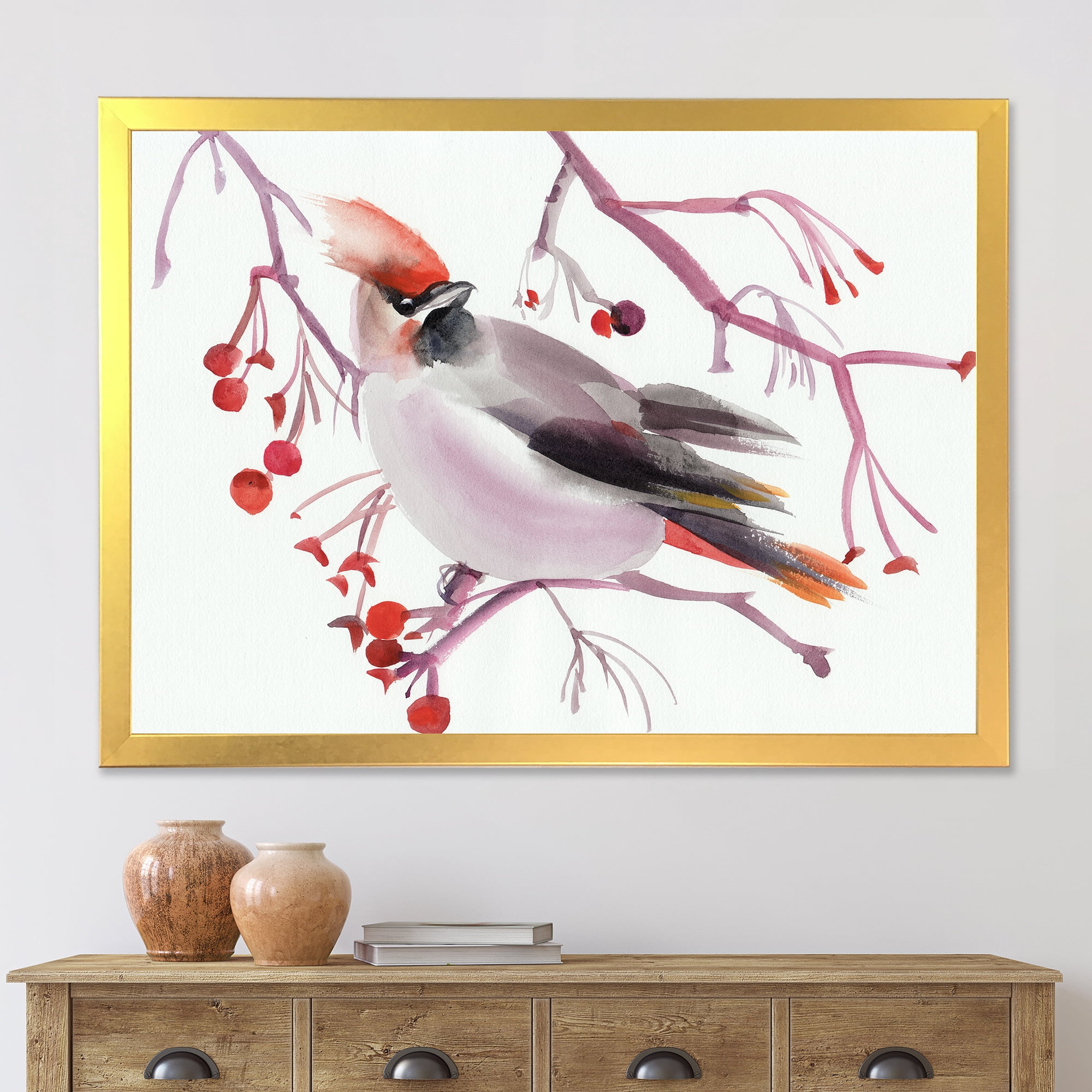 Designart 'Waxwing Bird Sitting On A Branch' Traditional Framed Art Print