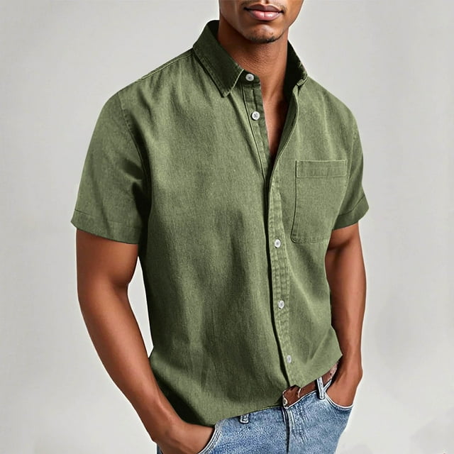 Chemise Décontractée à Manches Courtes pour Hommes avec Poche, Col Rabattu, Mélange de Polyester pour le Printemps et l'Été