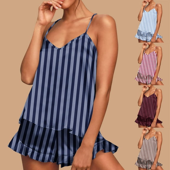 pstuiky Womens Pajamas Shorts Set Fashion Striped Print Cami Comfy Lounge Sets Casual Loose Fit Crew Neck Sleeveless Pajama Sets with Shorts Blue S