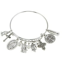 St. Benedict Protection Charm Bangle Bracelet, Adjustable, Catholic Fashion Bracelet with 8 Charms