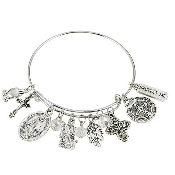 St. Benedict Protection Charm Bangle Bracelet, Adjustable, Catholic Fashion Bracelet with 8 Charms