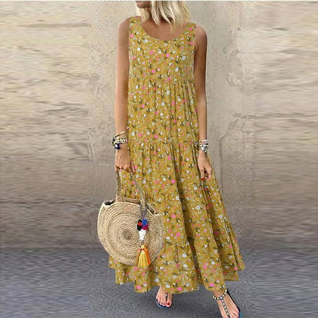 LSLJS Women Plus Size Casual Loose Sleeveless Floral Daily Linen Print Long Maxi Dress