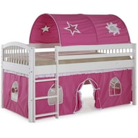Addison White Junior Loft Bed, Pink and White Tent and Playhouse with White Trim