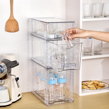Clear Stackable Storage Bins with Lids & Handles | Easy Assemble Plastic Drawers for Under Sink Pantry Cabinet | Kitchen & Closet Organizer for Cosmetics Cleaning Supplies Food | 4-Piece Set