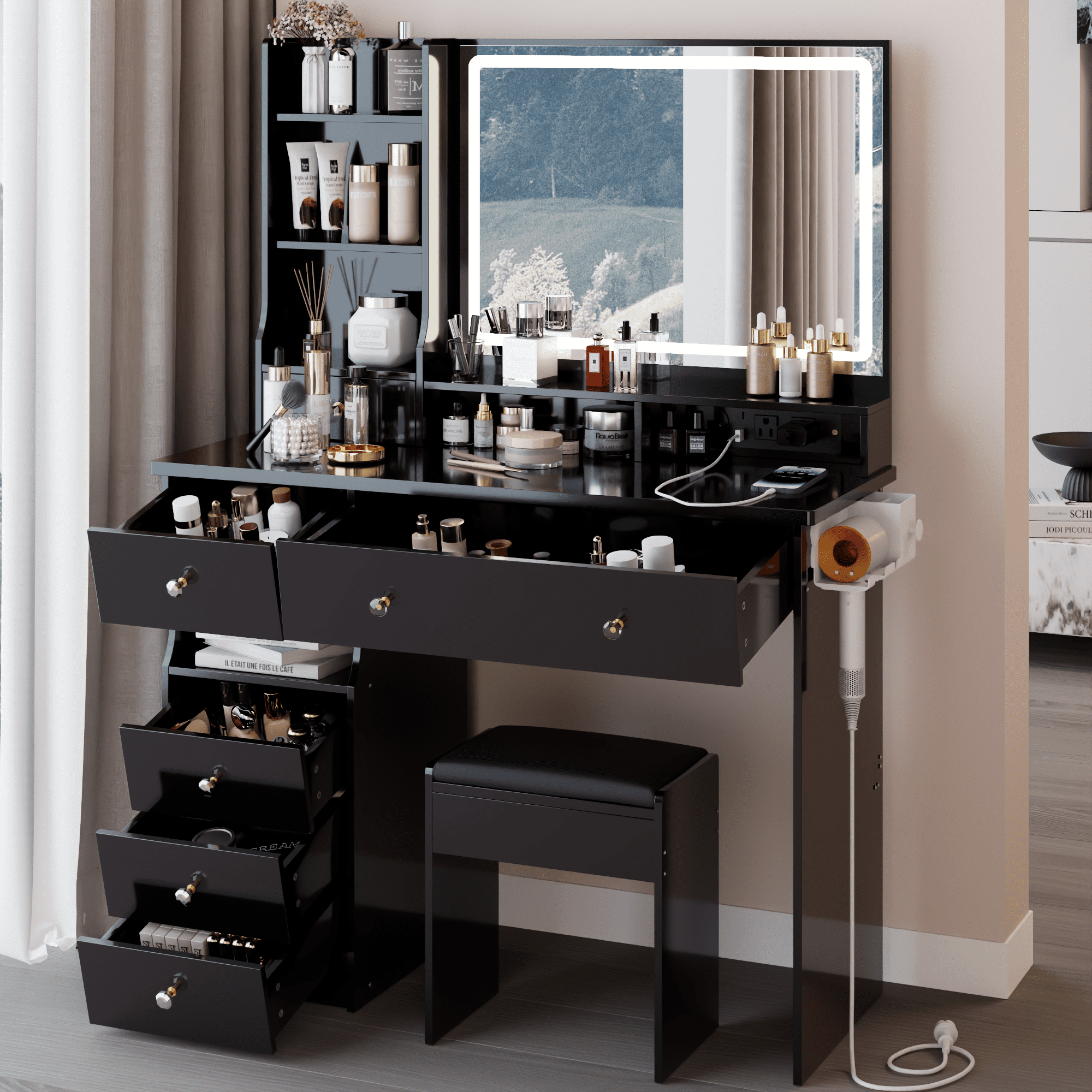 Euroco 41" Large Size Left Drawer Desktop Vanity Table+Cushioned Stool Dresser Set, 2 AC+2 USB Power Station, Hair Dryer Stand, Extra Large Touch Control LED Mirror