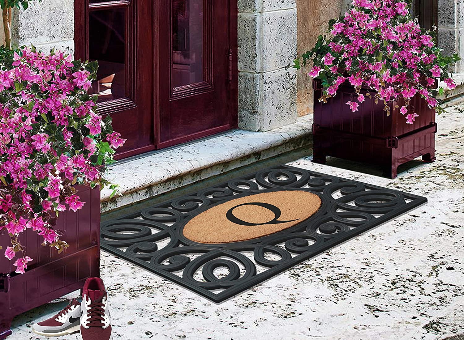 A1HC Elegant Circles Rubber and Coir Mat for Outdoor Entrance Heavy Duty Monogrammed Doormat Black/Beige 23x38