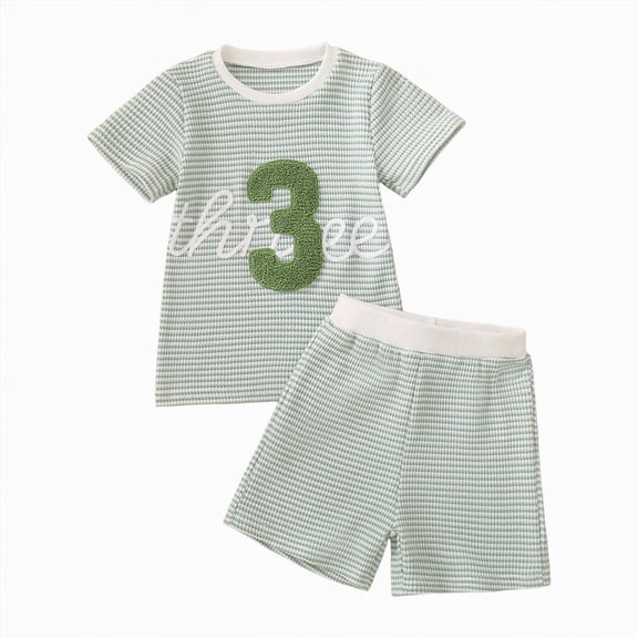 mgoYE Toddler Baby Boy Birthday Outfit Three Letter Embroidery Waffle T-shirt Top Jogger Shorts Summer Birthday Clothes(Light Green,3-4 Years)