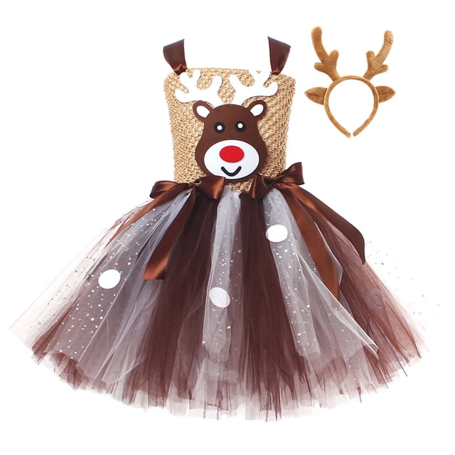 Gibobby vestidos de Navidad para niñas Disfraz de para niños pequeños, vestido de tul histórico de Navidad para niñas, trajes de diadema de princesa (Brown, 4-5 años)