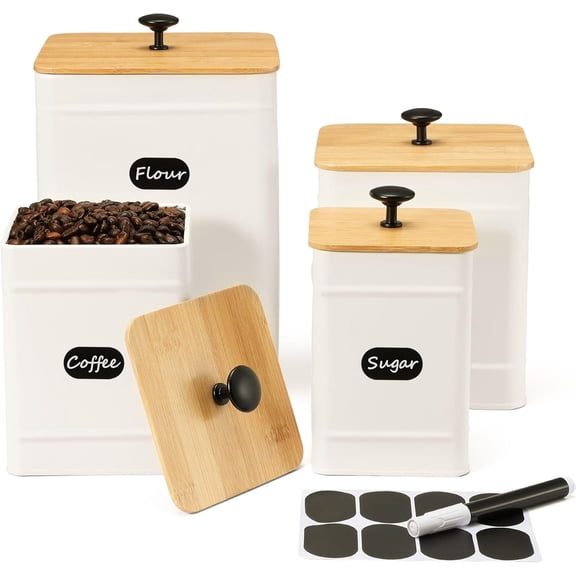 Kitchen Canisters, Airtight Canister Sets for Kitchen Counter, Kitchen Canisters for Countertop Set of 4, Coffee Tea Sugar Flour Spice Tin Jars Food Storage Container with Lid(White)
